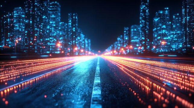 Digital data stream on road, night city backdrop, future tech concept