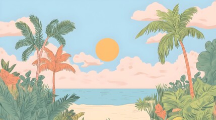 Obraz premium Tropical Paradise: Palm Trees, Lush Vegetation, and a Sunny Beach Scene Island Getaway: Palm Trees, Exotic Plants, and a Tranquil Beach with Blue Ocean