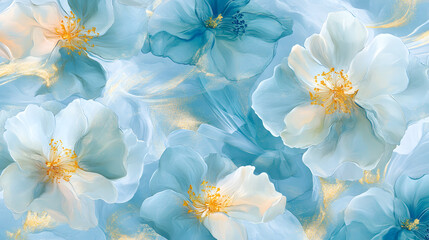 Flower petal pattern marble background with ice blue and white and gold strokes. Abstract floral background.