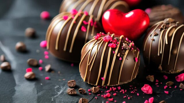 close up Valentines's day chocolate, strawbery, heart, rose petal, look yummy , chocolate on black dish 