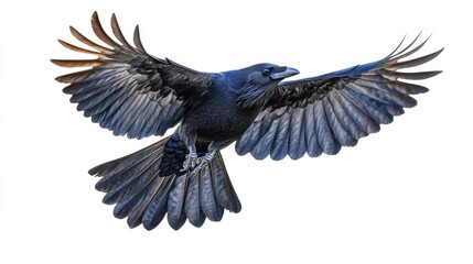 Obraz premium Majestic Crow in Flight Against a Clear Blue Sky with Fluffy White Clouds