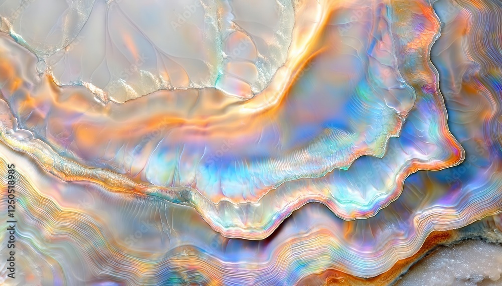 Poster abstract fluid color patterns with iridescent shades of blue, orange, and pink creating smooth, wavy texture for design