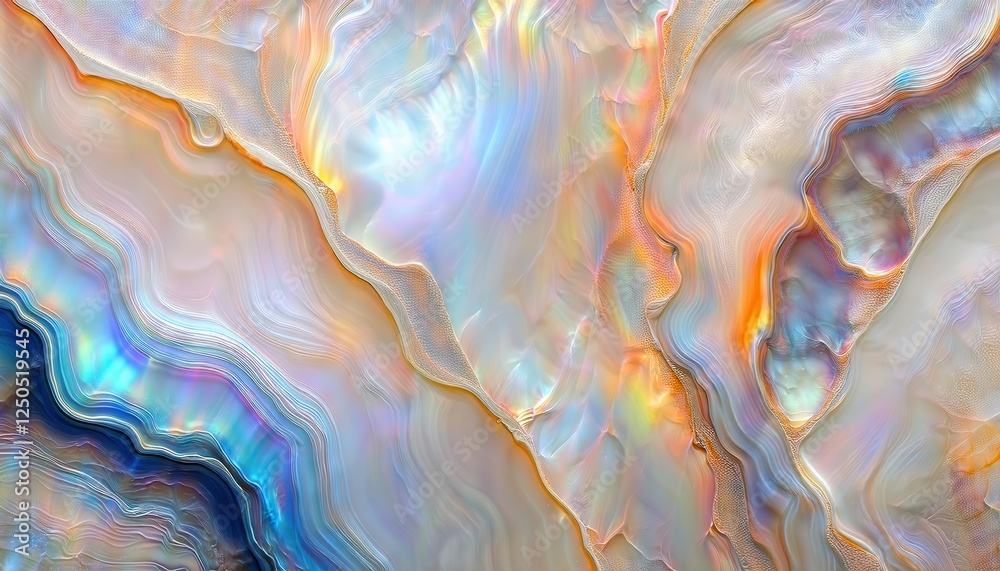 Poster abstract fluid color patterns with iridescent shades of blue, orange, and pink creating smooth, wavy