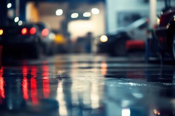 Fototapeta premium Wet asphalt reflecting car lights at night.