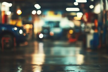 Blurred auto repair shop interior at night.