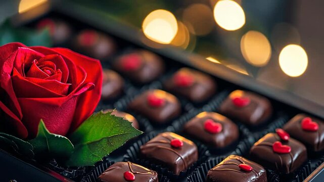 close up Valentines's day chocolate, strawbery, heart, rose petal, look yummy , chocolate set in box 