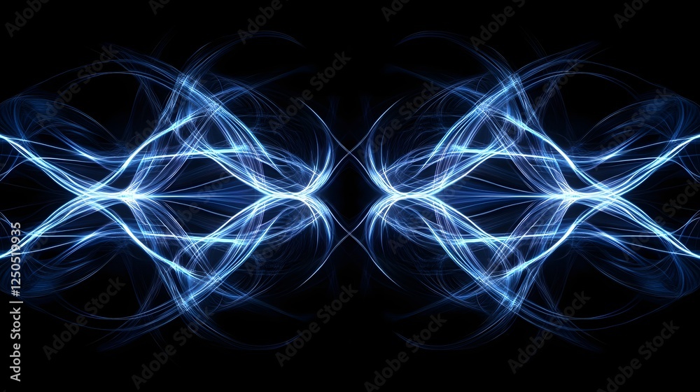 Poster glowing blue abstract swirling light waves energy fractal patterns futuristic technology visualizati