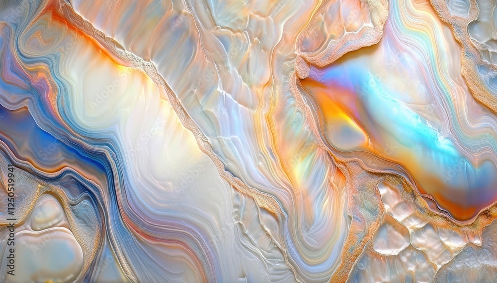 Poster abstract fluid color patterns with iridescent shades of blue, orange, and pink creating smooth, wavy