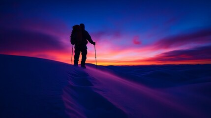 A lone hiker embraces the serene beauty of a snowy landscape at twilight