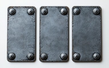 Fototapeta premium Realistic metal sticker plates with rivets arranged on a clean white background, perfect for industrial design and branding applications