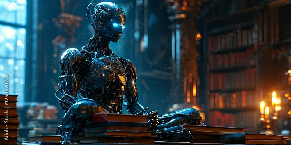 Poster a robot is sitting on a stack of books