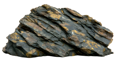 Dark layered rock sample isolated on black background, geological study