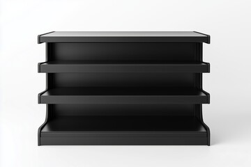 Black POS display stand for products in supermarket, store and shop. Modern realistic 3D mockup of promotion rack with empty shelves, retail showcase isolated on white.