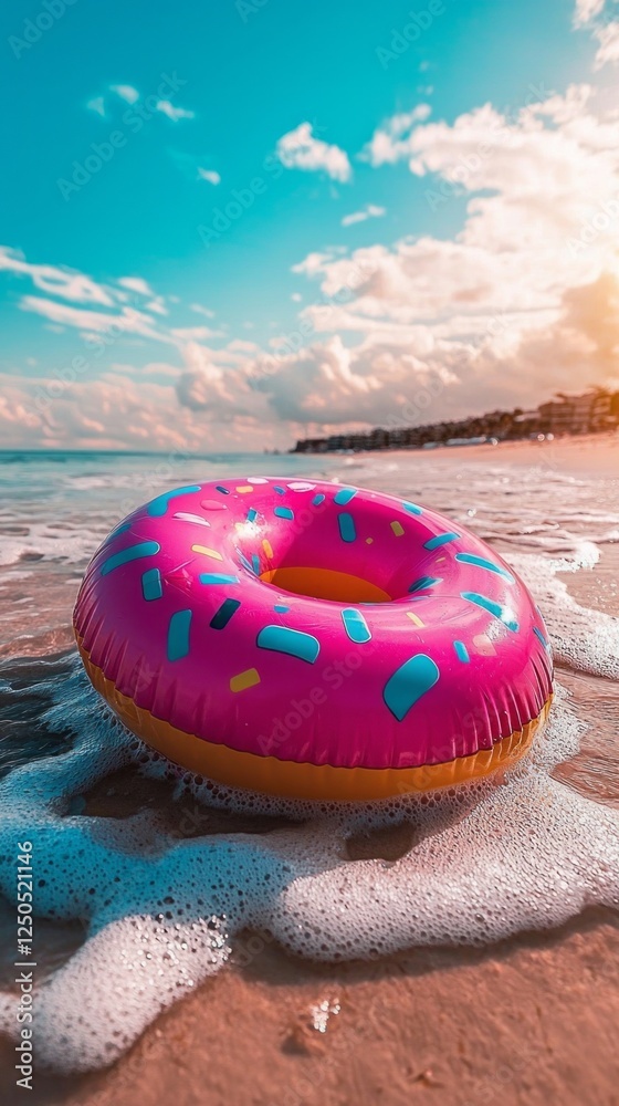 Poster bright inflatable donut with colorful sprinkles lies on the sandy beach as gentle waves lap around i