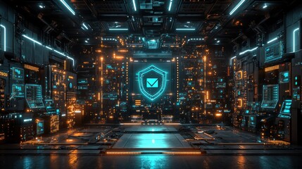 Email security shield in server room with glowing panels