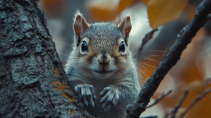 Fototapeta premium Captivating Squirrel Portrait: A Close-Up of Wildlife in Nature's Embrace, Featuring Sharp Details and Soft Autumnal Hues Around a Textured Tree Trunk