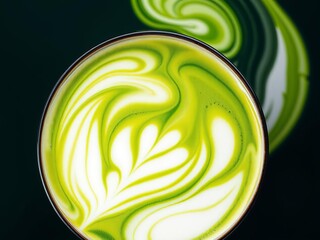 Close up of swirling green patterns in latte showcasing intricate designs and creamy texture vibrant green adds refreshing touch to beverage, green, intricate