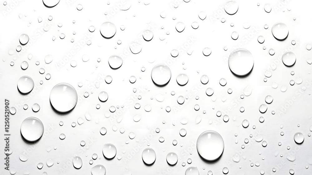 Poster Isolated clear and transparent water droplets captured against a simple clean and minimalist white background  The droplets create beautiful reflections refractions and fluid patterns