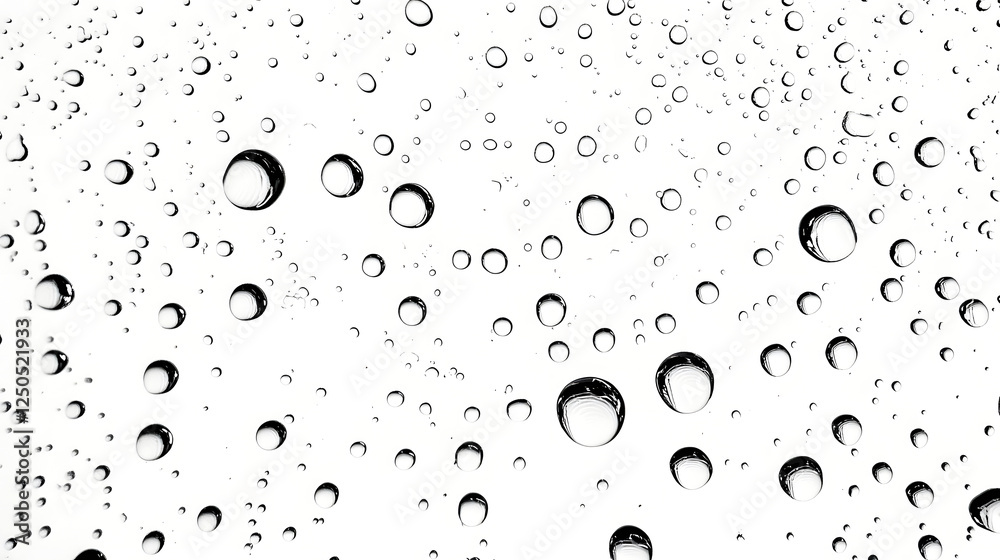 Poster Isolated crystal clear water droplets suspended against a minimalist white background forming a captivating abstract composition with intricate details and dynamic movement