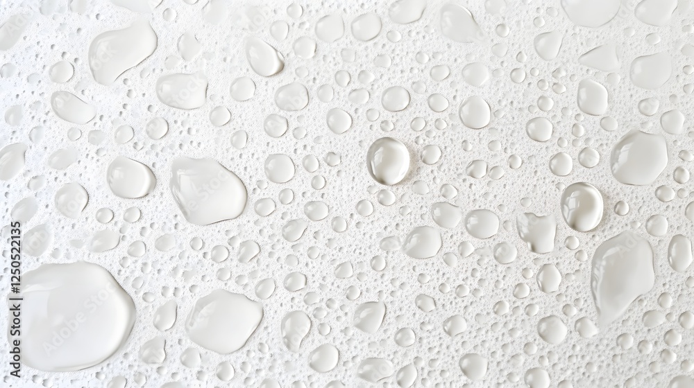 Poster isolated transparent and glossy water droplets suspended on a clean white minimalist background with
