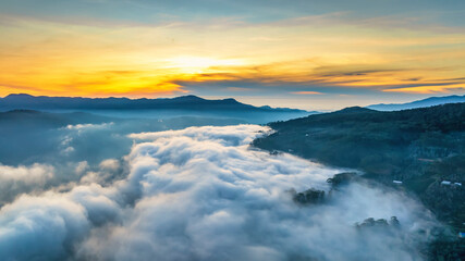 Aerial view of the town mist in the sunrise sky is beautiful in the highlands of Da Lat, Vietnam