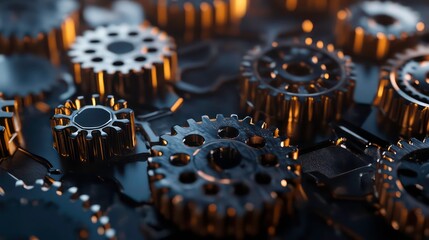 Close-up of interconnected gears on a dark surface, symbolizing technology, innovation, and engineering in a modern context.