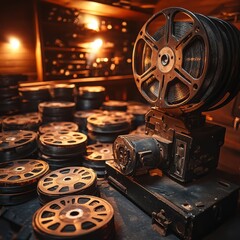 Obraz premium A collection of old-fashioned film reels and a vintage projector, with soft lighting highlighting the nostalgia