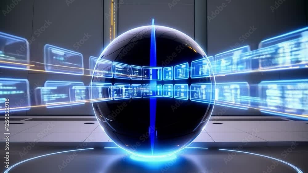Poster glowing blue sphere with digital data streams futuristic technology showcase of innovation and binar