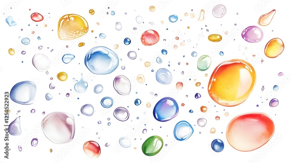 Poster Isolated transparent water droplets floating and suspending against a clean pure white background with minimal design  The water droplets display a reflective glossy surface and smooth