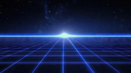 Futuristic Grid Landscape Bright Star, Night Sky. Background Use Sci-Fi, Game Design