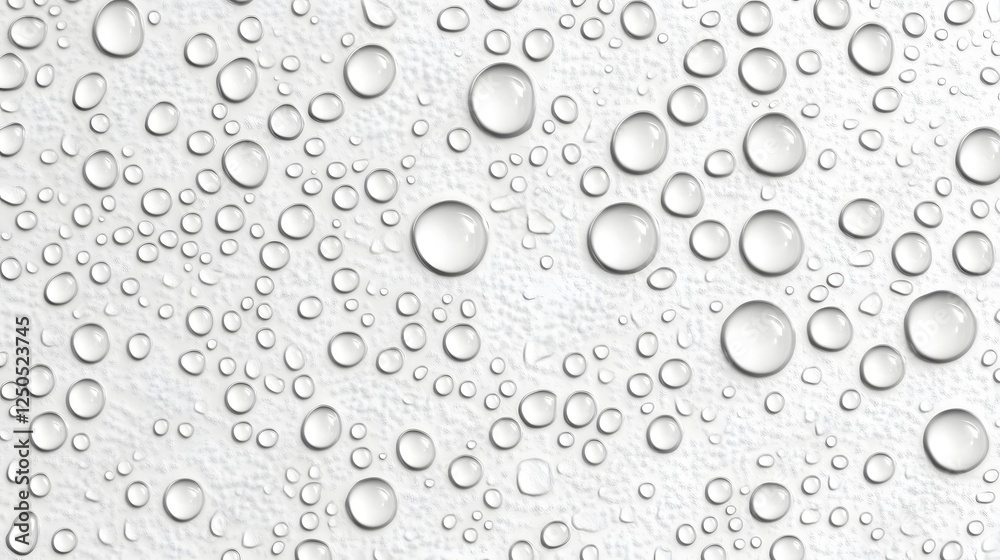 Poster isolated transparent water droplets with reflections against a clean bright white background minimal