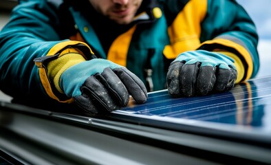 Worker Installing Solar Panel Closeup