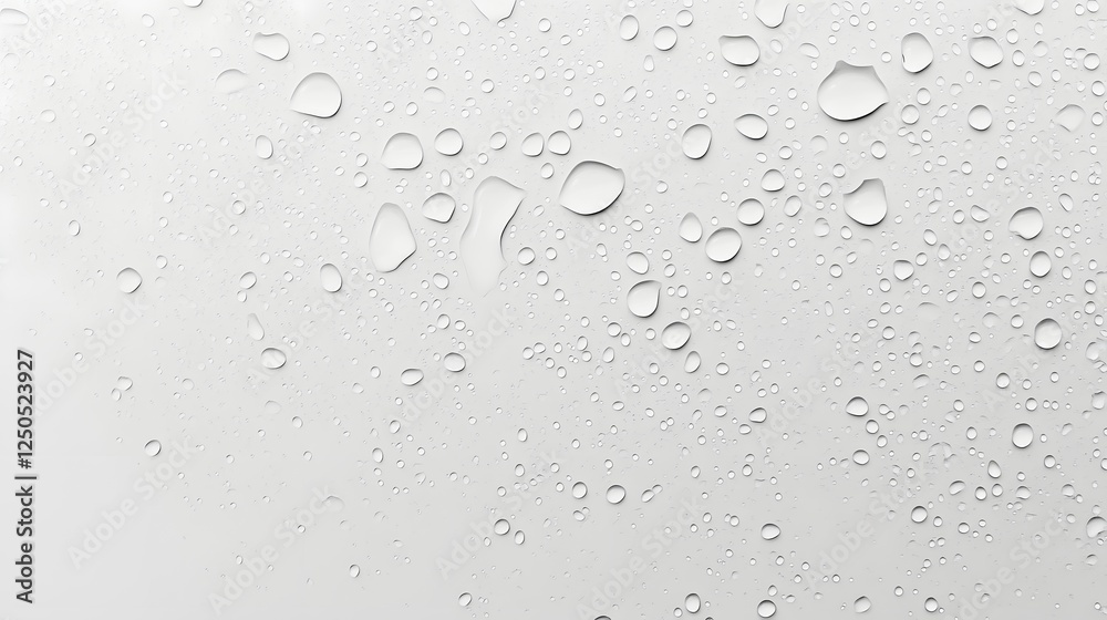 Poster isolated transparent water droplets with reflections captured against a clean white background in a 