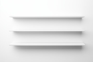 Modern minimalist white wall shelves design. Concept of interior decoration, home organization, clean and simple aesthetic. Copy space. Mockup. Empty Shelves on a White Wall