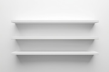Modern minimalist white wall shelves design. Concept of interior decoration, home organization, clean and simple aesthetic. Copy space. Mockup. Empty Shelves on a White Wall