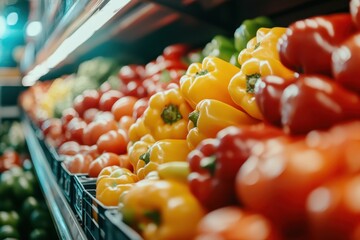 Colorful bell peppers and tomatoes on supermarket shelves.
