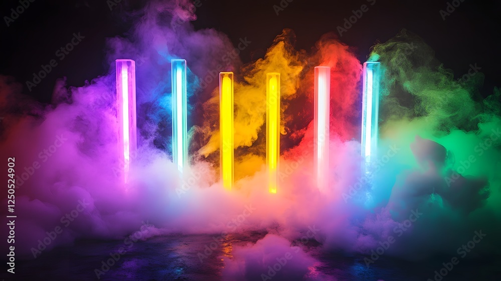 Poster Mesmerizing abstract image featuring a display of colorful neon lights surrounded by hazy mist and vibrant smoke effects creating a captivating futuristic and ethereal atmosphere  The glowing
