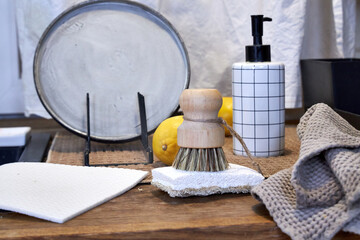 natural detergents and wooden dishwashing brushes in the kitchen