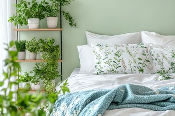 Botanical Bedroom Decor with Soft Teal Throw