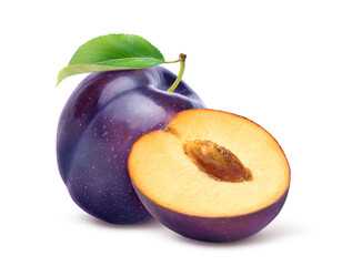 Plum with cut in half isolated on white background. Clipping path.