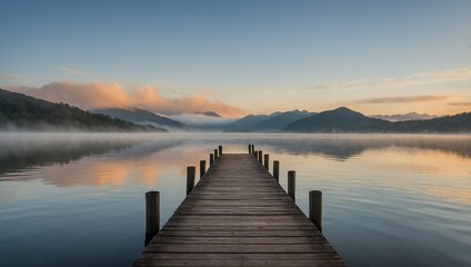 Obraz premium Long wooden pier extending over a still lake, surrounded by misty mountains, reflecting soft hues of sunrise in a tranquil scene.