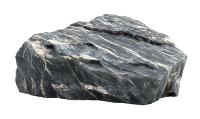 Grey striped rock sample, isolated on black background.  Geological study, construction material