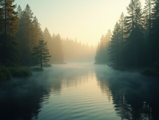 A calm river winds gracefully through a dense forest, disappearing into a misty horizon. The background consists of towering pine trees, delicate morning mist. International Day of Rivers