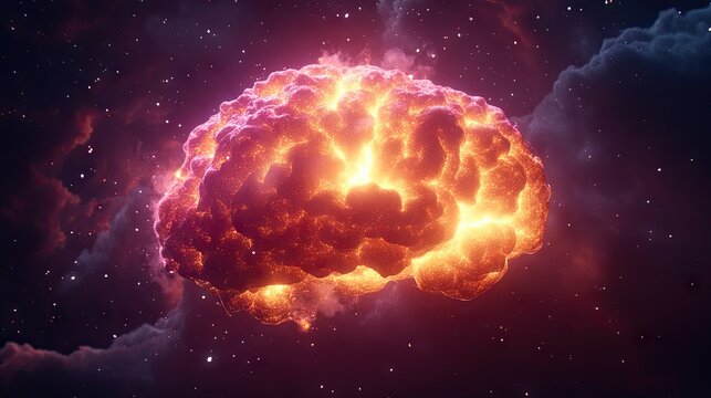 Exploding brain in space; cosmic mind power concept; science fiction illustration; website header