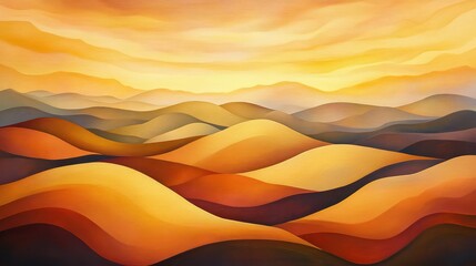 Fototapeta premium Abstract Landscape with Wavy Hills in Warm Tones of Orange and Yellow During Sunset, Evoking Feelings of Calmness and Tranquility in Nature's Embrace
