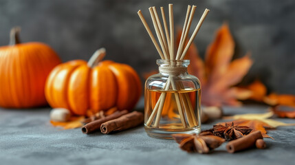 A vase with cinnamon sticks and a pumpkin on the table