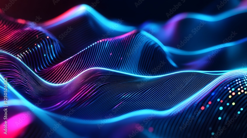 Poster Mesmerizing Digital Waves of Vibrant Neon Lights and Flowing Particles in an Abstract Landscape  Dynamic fluid and captivating digital art background with a futuristic technology driven aesthetic