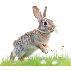 Fototapeta premium Bounding Rabbit in a Grassy Field A Lively Leap Through Nature's Beauty