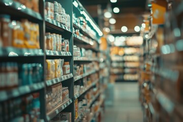 Well-stocked supermarket aisle with various food products.