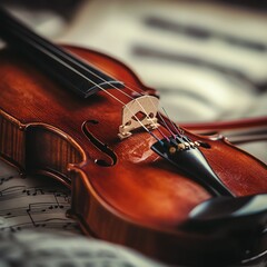 Fototapeta premium A close-up of a violin resting on sheet music, showcasing craftsmanship and artistry.